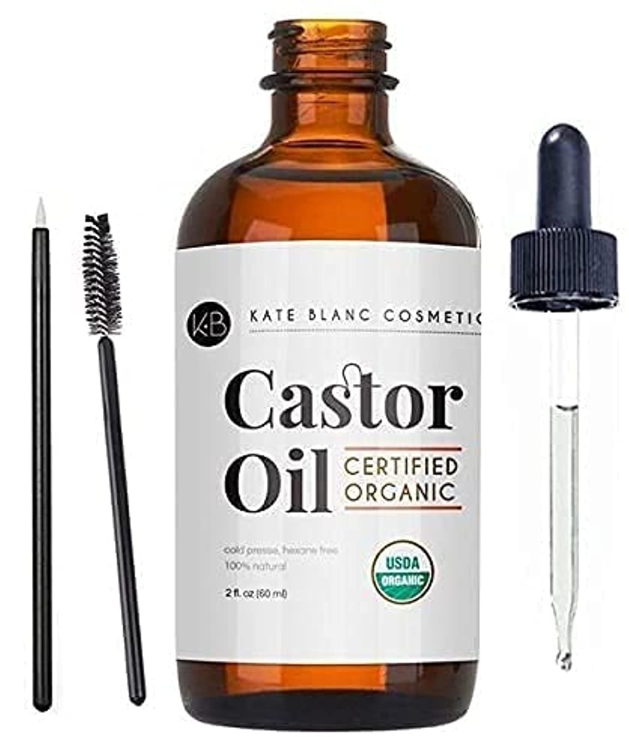 Kate Blanc Cosmetics Castor Oil 2oz USDA Certified Organic 100 Pure Cold Pressed Hexane Free Stimulate Growth for Eyelashes Eyebrows Hair Skin Moisturizer  Hair Treatment Starter Kit