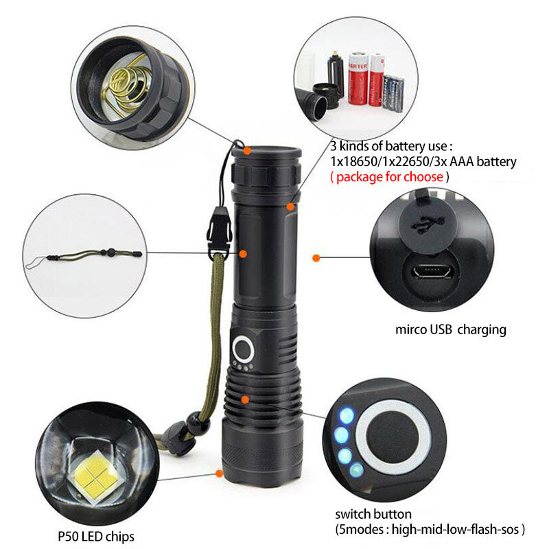 flashlight with usb charging zoom p50