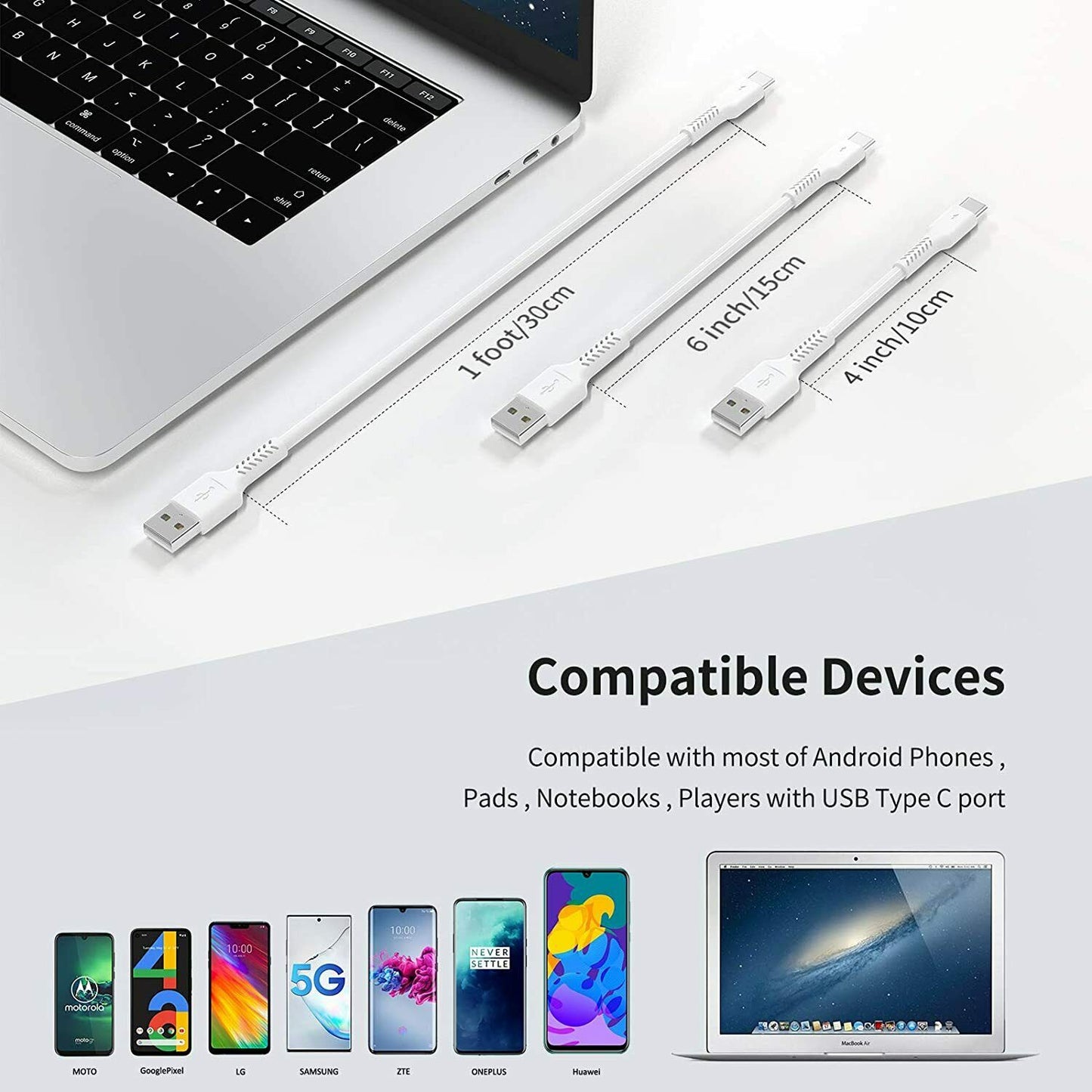 6 Inch Short iPhone Charger USB‑A to USB‑C Cable – Pack of 5